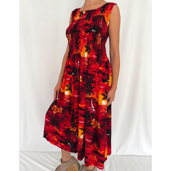90s vintage red Hawaiian print beach vacation stretchy rayon cover up maxi dress - Picture 4 of 10